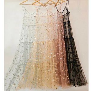 Fairy dress mesh star glitter transparent princess tank maxi mint green pink gol